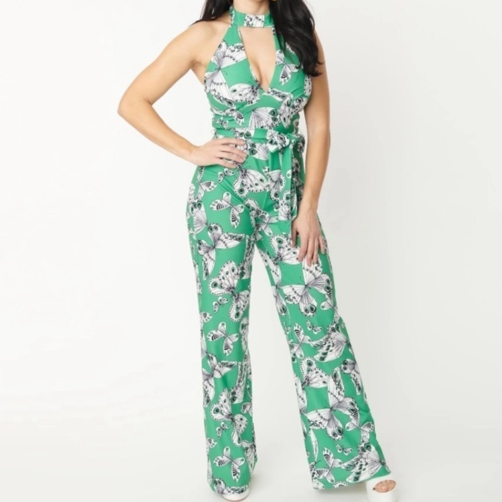 Unique Vintage Smak Parlour Butterfly Halter Flare Jumpsuit Green Medium 6/8 70s - Picture 1 of 13